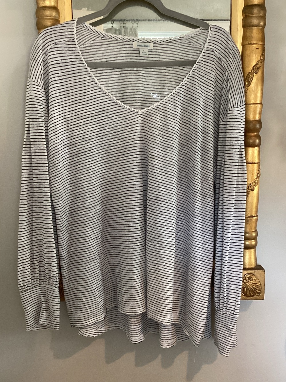 Sundance Gray & White Striped V-Neck Long Sleeve Top
